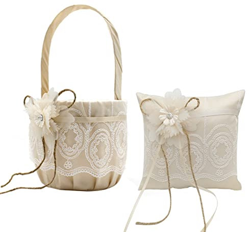 DEDEMCO Juego de cesta y almohada portadora de anillos para niña, cojín de anillo de boda y cesta de flores, colección romántica de lazo de encaje de satén para boda, aniversario, fiesta