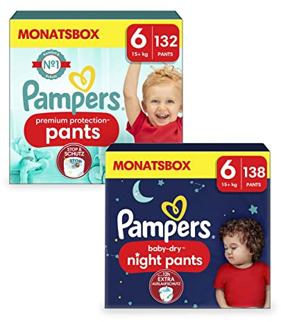 Pampers Night Windeln Pants Größe 6 (15kg+, 138 Stück) Baby-Dry und Windeln Pants Größe 6 (15kg+, 132 Stück) Premium Protection, Maxi mit Stop- und Schutz Täschchen, MONATSBOX
