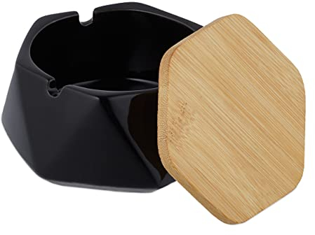 Relaxdays Aschenbecher mit Deckel, Keramik, draußen & drinnen, B x T: 11,5 x 10,5 cm, Windaschenbecher, schwarz/Natur