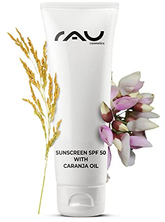 RAU Cosmetics Solkräm Ansikte SPF 50 med Ekologisk Karanja-Olja 75 ml - UVA UVB Skydd, Vitamin E Antioxidant, Glycerin Fukt, Mattande Finish med Risstärkelse, Tillverkad i Tyskland