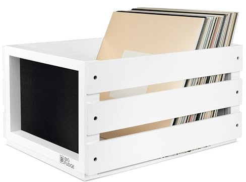 Big Fudge Vinyl Plattenkiste mit Rollen, Schwarz, für 80 LPs | Rollende Holzkiste mit Kreidetafel und 4 Rollen zum Ordnen und Bewegen von bis zu 80 Schallplatten.