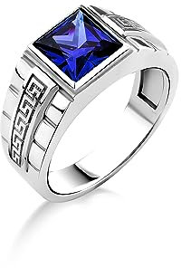 BySilverStone Jewelry Gravierter Mäander-Herren-Saphirring Aus Sterlingsilber, Männlicher Versprechensring Mit Quadratischem Saphir, Modischer Herrenring Mit Blauem Stein, Geschenke Für Männer