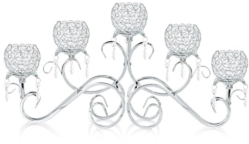 Kolnlala Kristall-Teelichthalter mit 5 Armen, Teelichthalter, Kerzenhalter, 5-armig, Metall-Kristall-Teelichthalter für Tischdekoration, Hochzeit, Heimdekoration (Silber)