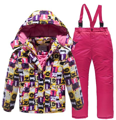 linboo Unisex Kinder Skianzug mit Kapuze Winddicht Wasserdicht Schneeanzug 2 teilig Skijacke + Skihose Verdickte Atmungsaktiv Skioverall für Jungen und Mädchen, Rot, 104-110