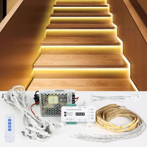 XLSBZ LED-Treppenstufenbeleuchtung mit Bewegungsmelder & Tageslichtsensor,16 Stufen LED Treppenlicht Streifen (16 Schritte RL-STEP-09-2700K)