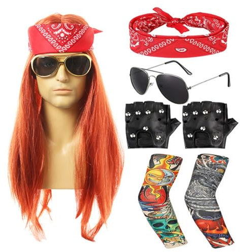 80S Fancy Dress Men Wham,Adult Rockstar World Book Day Costumes 70S 90S Punk Gothic Rocker Heavy Metal(Wigs+Sunglasses+Gloves+Bandana+Tattoo Sleeves)Halloween Accessories Set(Long-Red,7 Pcs)