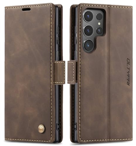 QLTYPRI Hülle für Samsung Galaxy S24 Ultra, Leder Klapphülle, Kaffee