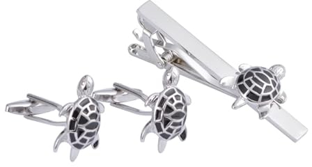 Manschettenknöpfe und Krawattennadel Set, Cufflinks Shirt Schildkröte Herren Damen Schmuck Silber Schwarz für Hemd mit Geschenkbox