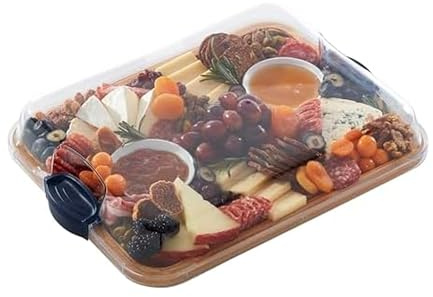 Farberware Build-A-Board Bamboo Chopping Board with Integrated Compartments and Lockable Clear Lid with Navy Blue Handles Ideal for Deli Meats, Snacks and More.