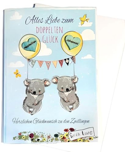 Karte zur Geburt, personalisiert, Zwillinge, Zwillingskarte, Baby, Koala, Geburt, mit Namen, Nachwuchs (blau-blau)