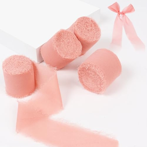 4 Rollen 4.5cm x 6.3m Chiffonband, Chiffon Stoffband Geschenkband, Hochzeit Schleifenband, Roségold