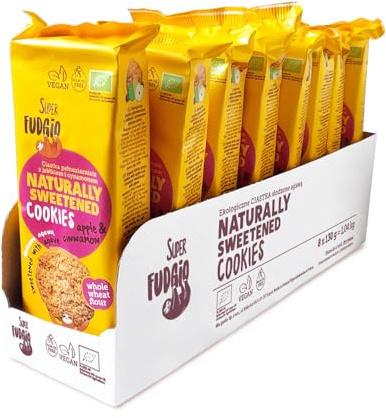 SUPER FUDGiO Bio-Vollkornkekse mit Apfel und Zimt | BIO Vegane Cookies natürlich gesüßt mit Agave - ohne Palmöl | gesundes Naschen | Apfel und Zimt 130g x 8