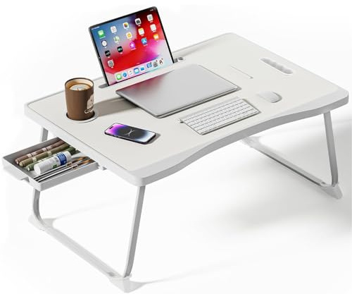 Warmiehomy Laptop Bed Table, Portable Laptop Desk with Handle, Foldable Laptop table with Desktop Card/Cup Slot, Side Drawer for Sofa, Notebook Stand Foldable Tray for Eating Reading Working(White)