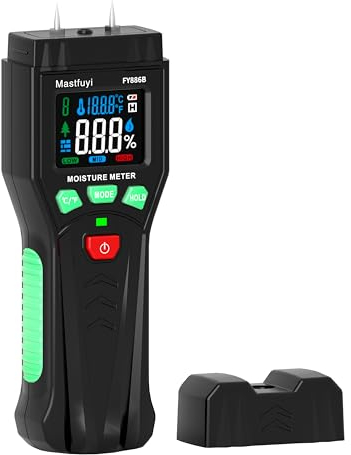 Misuratore di Umidità, Mastfuyi Rivelatore di Umidità con Pin Sostituibile e Misurazione della Temperatura, display LCD a Colori con Allarme Visivo, Rilevatore di Umidità per Legni, Muri e Pavimenti
