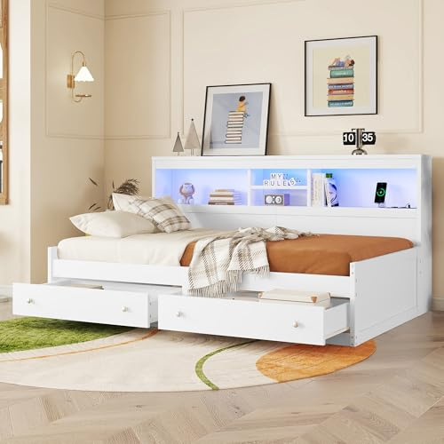 Cama de día, 90 x 200 cm, sofá cama, mesita de noche, cama con 2 puertos USB y 2 puertos de carga, iluminación ambiental, cama con dos cajones, cama con somier (sin colchón), tablero de partículas