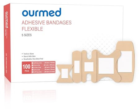 Ourmed Flexible Assorted Plasters Variety Pack 100 Pieces, Fingertip Bandages für Erste Hilfe, kleinere Schnitte, Kratzer, Schürfwunden & Wundversorgung, starker Halt für 24 Stunden, nicht-Latex