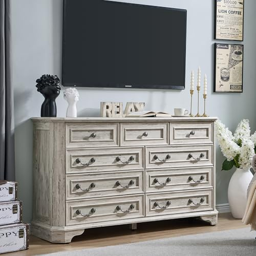 T4TREAM Farmhouse 9 Drawers Dresser for Bedroom, 54 Wide Wood Rustic Chest of Drawers with Natural Texture, Vintage Design, Storage Dressers Organizer for Bedroom, Living Room, Distressed White