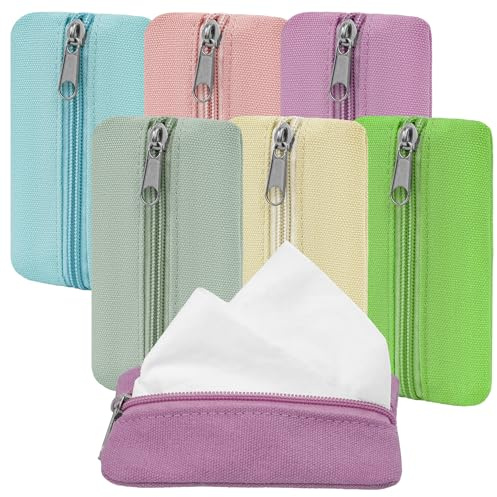 GOCOHHI Pocket Tissue Holder, 6 Packs Reusable Travel Tissue Pouch, Fabric Purse Zipper Tissue Packs, Multicolor, Playful, Decorative, Rectangular, Cloth fabric, 5.1 x 3.1 Inches