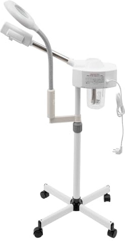 2-in-1 Bedampfer Dampfgerät 5X Lupenleuchte Kosmetikstudio SPA Salon mit Wärmeableitungslöcher und Klarer Wassertank, für Gesicht, Hals, Schultern im Hause Schönheitskliniken, Ästhetikzentren Weiß