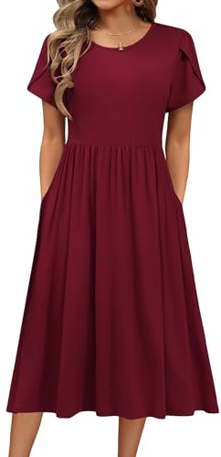 HOTOUCH Dress Women Elegant Round Neck Dresses Short Sleeve Tunic Dress Casual A Line Dresses Classic Midi Dress with Pockets Burgundy L
