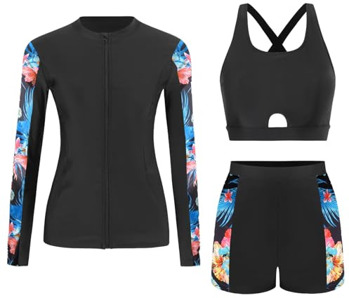 Ausing 3-delad Rash Guard damer långärmad baddräkt baddräkt solskydd badmode kvinnor SurRashguard skjortor badshorts, svart rosa, XL