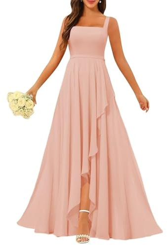 Robe de demoiselle d'honneur en mousseline de soie avec fente à volants pour femme - Robe de soirée formelle - Robe de cocktail plissée, Rose poudré, 36