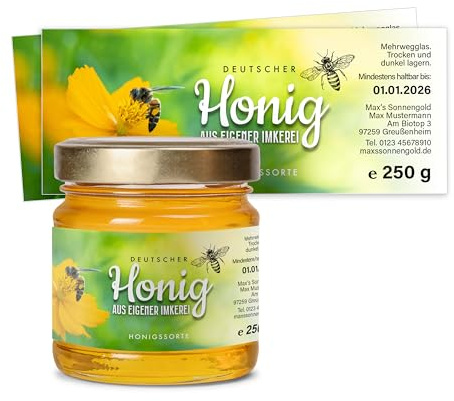 Honigetiketten 250 g personalisierbar rechteckig – Aufkleber für Honiggläser selbst gestalten – selbstklebend, ablösbar – ab 25 Stück – (HONIG - 250 g - RE2)