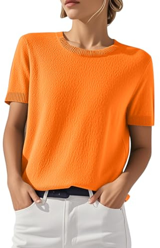 shownicer Femmes Pull Manches Courtes Printemps Été Sweatshirt Col Rond Top Tricot Couleur Unie Casual Pullover A Orange M