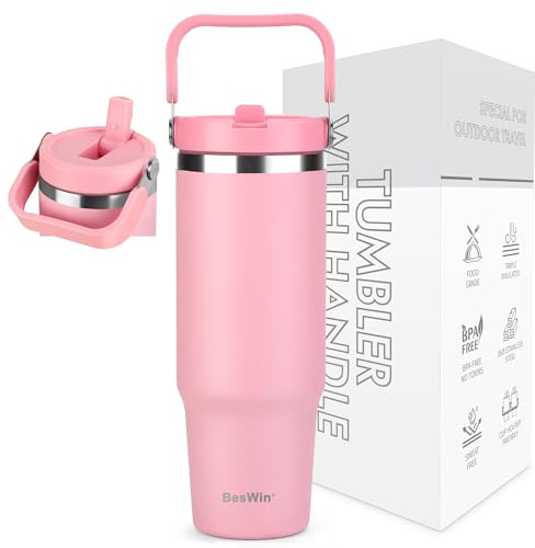 BesWin 30 oz Tumbler with Handle and Flip Straw 890 ml, Triple-Wall Vacuum Insulated Water Bottle, Leakproof Reusable Travel Mug, Keeps Cold for 34H or Hot 12H, Fit in Car Cup Holder, Pink