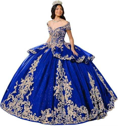 Yifanier Puffy Tulle Quinceanera klänning med TRAI 3D guld spets applikationer glittrande spets applikation quinceanera klänningar MT039, Kungsblå, 50 SE/Plus