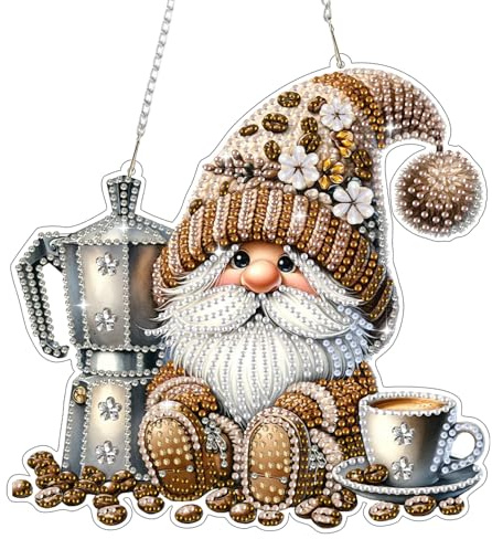 BOWETILE Diamond Painting Pendente Adulti Bambino con Catena, Gnomo Caff Diamond Painting Kit Completo principiante, Diamond Painting Insegna per Porta Kits Appendere da Parete Appeso per Decorazioni