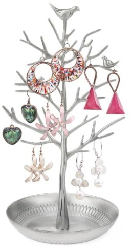 FSROOMZ Baum Schmuckständer mit Vögel Deko, für Ketten Ring Ohrring Silber | Schmuckchaos Beseitigen, Damen Armbandständer Schmuckhalter Ohrringhalter Metall Schmuckaufbewahrung für Mädchen Frau