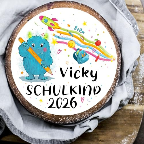 LOOXIS Personalisierter essbarer Torten-Aufleger mit Namen bedruckt – 18 cm Durchmesser, Zuckerbild, Fondant-Papier, zur Einschulung - Monster Motiv