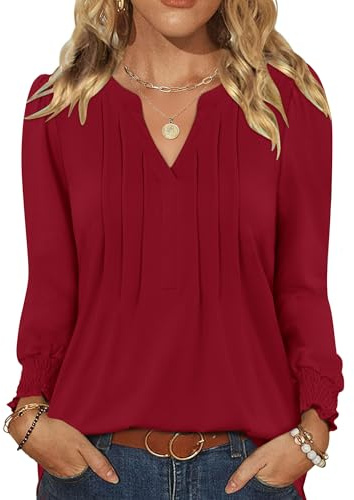 Rapbin Womens Blouses Long Sleeve Tops V Neck Tunics Pleated Ruffle Shirts Dressy Casual Top for Leggings Wine Red M
