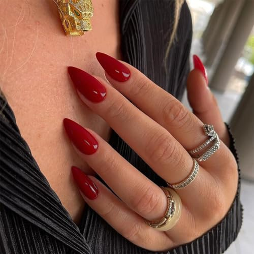 OuryTech Press on Nails Rot, 24 Stück Medium Almond Stiletto Fake Nails, Pure Color Acrylic Press ons, Reusable Soft Gel Glue on Nails mit Protective UV Coating, für Damen