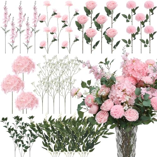 Suncalla 36 Pcs Pink Artificial Flowers Bouquet Set 8 Kind Faux Delphinium Rose Peony Chrysanthemum Hydrangea Baby's Breath Florals with Greenery Long Stem for Wedding Table Vase Decor