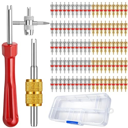 Ventilschlüssel Set mit 100 Ventileinsätzen, Ventilausdreher & 4-in-1 Ventilwerkzeug für Autoreifen, Fahrradventil & Reifenwartung
