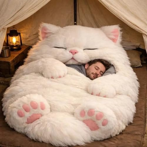 Sac de couchage en forme de chat pour adultes, 170 cm, lavable et chaud en peluche pour homme, adorable chat, couverture chaude en forme d'animal mignon, pour le camping, la maison, la détente