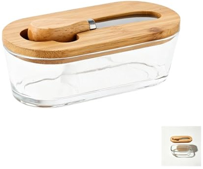Supercap - Mantequera de vidrio de 300 ml, soporte hermético para mantequilla con tapa de bambú y Kinfe, recipiente de almacenamiento de queso para encimera y nevera