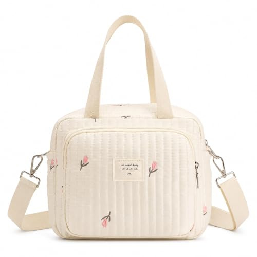exylosluxek Sac à Langer, Sac Maman à Fleurs, Petit Sac Matelassé à Motifs Floraux Brodés, Poignées et Bandoulière Réglable Amovible, 1 Pièce