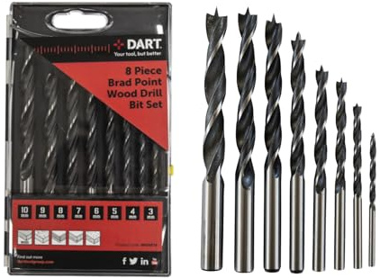 DART 8 Piece Brad Point Wood Drill Bit Set - High Grade Steel Drill Bits Sets Mixed Sizes (3mm, 4mm, 5mm, 6mm, 7mm, 8mm, 9mm, 10mm) - Professional Power Tool Accessories