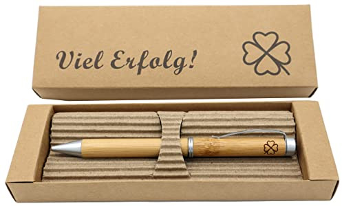 MORWE – Nachhaltiger Kugelschreiber mit Gravur/Kleeblattgravur & Geschenkbox Viel Erfolg/Holzkugelschreiber mit Gravur/Bambus Kugelschreiber/Holzkugelschreiber als Ökologische Geschenke
