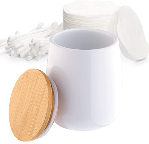 KADAX Kosmetikdose, Aufbewahrungsdose aus Keramik, Wattedose mit Deckel aus Bambus, Wattepadhalter, Vorratsdose, Wattebehälter, Universaldose für Badezimmer, Wattepads, rund (weiß)