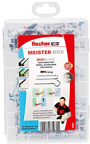 fischer easyDIY Box Gipskarton DuoBlade, 77-teiliges Dübel- und Schraubenset, für Heimwerker, mit Winkel- und Rundhaken, der selbstbohrende Gipskartondübel für die einfache und schnelle Montage