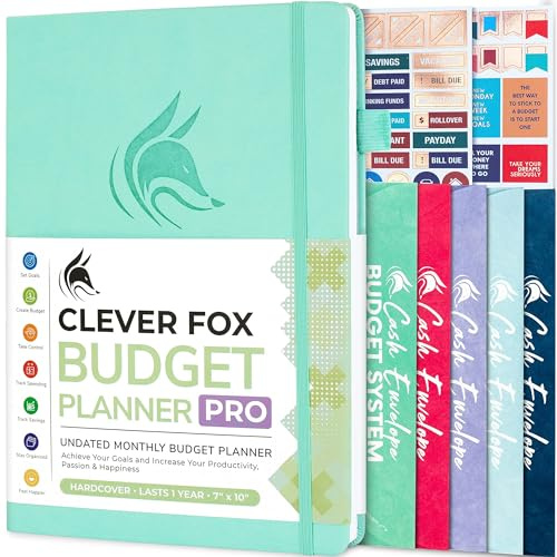 Clever Fox Budget Planner PRO – Organizzatore finanziario + buste per contanti. Diario finanziario mensile, monitoraggio spese e libro contabile personale, senza data, 18 x 25,5 cm, verde menta