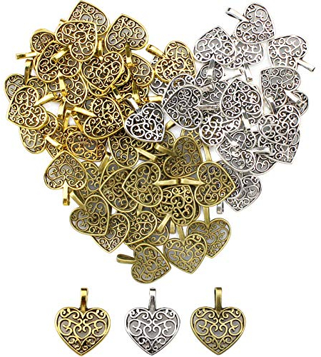 YapitHome 60 Stück Antik Metall Herz Anhänger Charms Antik Vintage Charm für DIY Handgemachte - Bronze, Gold, Silber