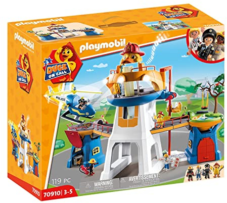 PLAYMOBIL Duck ON Call 70910 Das Hauptquartier mit Hubschrauber, Licht und Sound, Spielzeug für Kinder ab 3 Jahren