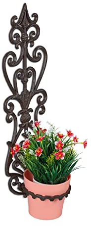 Relaxdays Blumenhalter, Blumentopf Wandhalterung, Ring Ø 14,5 cm, Gusseisen, HBT: 54 x 17 x 18 cm, antikes Design, braun