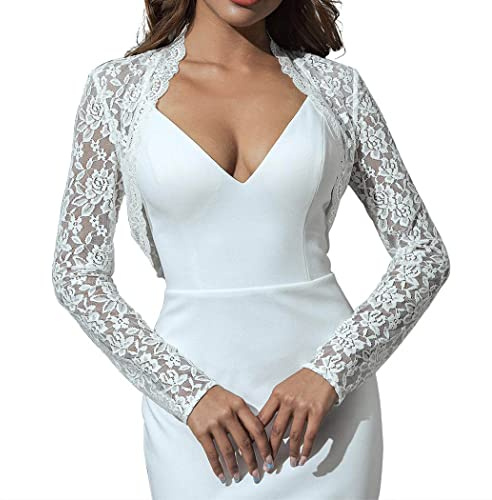 Unicra Women Lace Bolero Shrug for Dresses Elegant Floral Lace Shrug Top Open Front Sheer Long Sleeve Cropped Cardigan (XL (16-18), White)