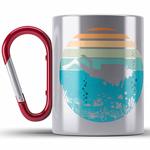 Trendation - Taucher Grafik Edelstahl Tasse Karabiner Geschenk für Tauchlehrer Geschenkidee Lustig Tauchen Tauchsport Tiefsee (Rot)